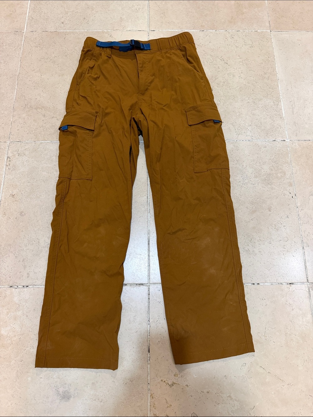 Patagonia Men's Cargo Pants in Copper Brown with Blue Belt Accent
